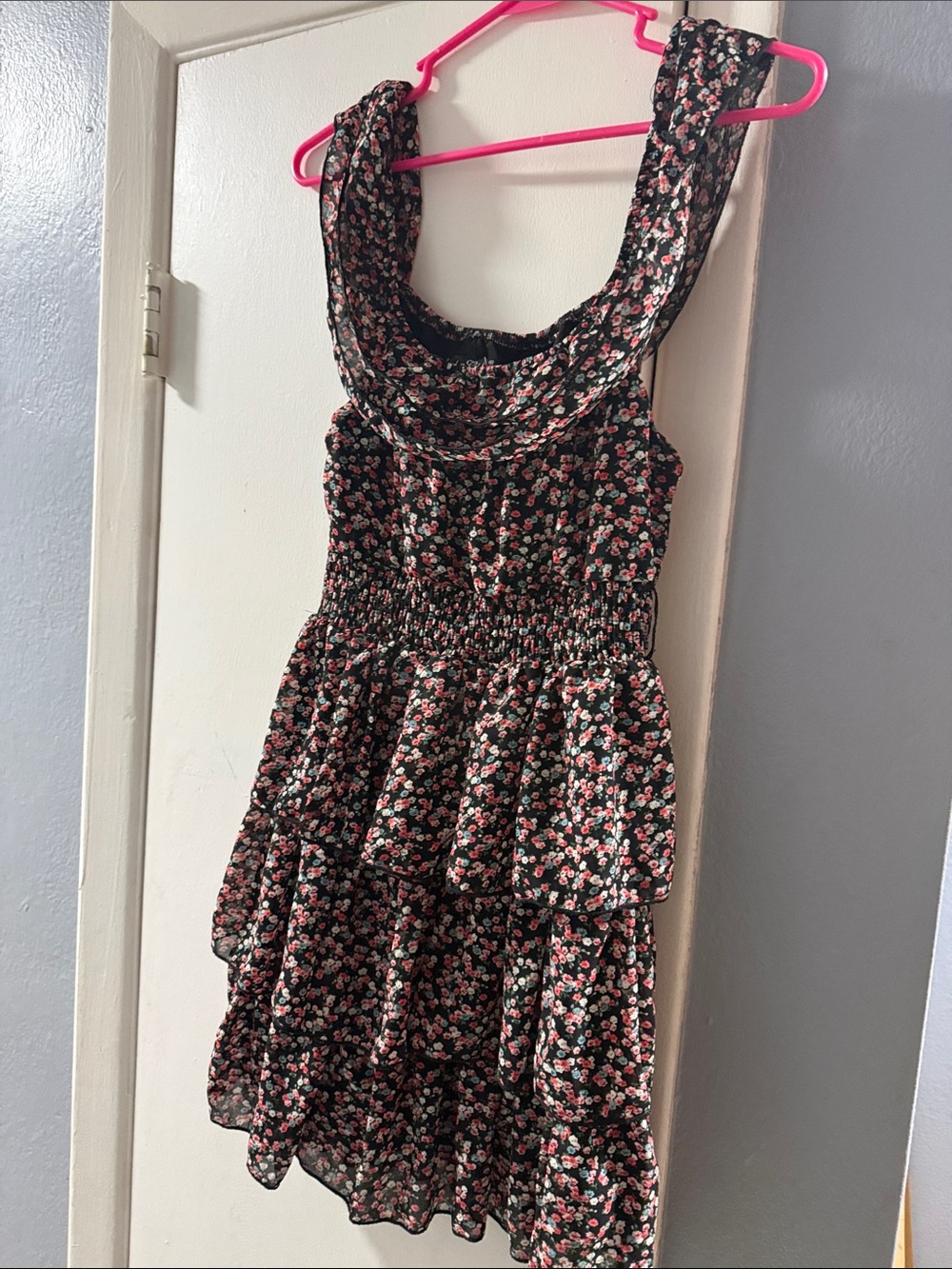 Rachael & Chloe Black Floral Tiered Sundress with Pink and Cream Blossoms